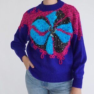 Vintage 80's Joedlyn Smith Sequin Butterfly Sweater Purple Whimsigoth M